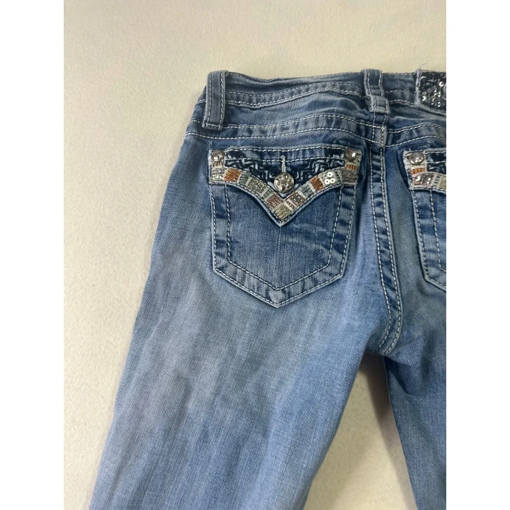 Miss Me‎ Mid Rise Skinny Jeans Light Wash Distressed Embroidered Beaded Size 27